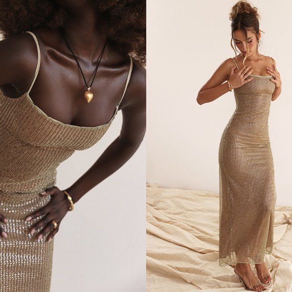 LIMITED EDITION House of CB 'Alondra' Cafe Au Lait Beaded Maxi Dress NWOT - Picture 7 of 13
